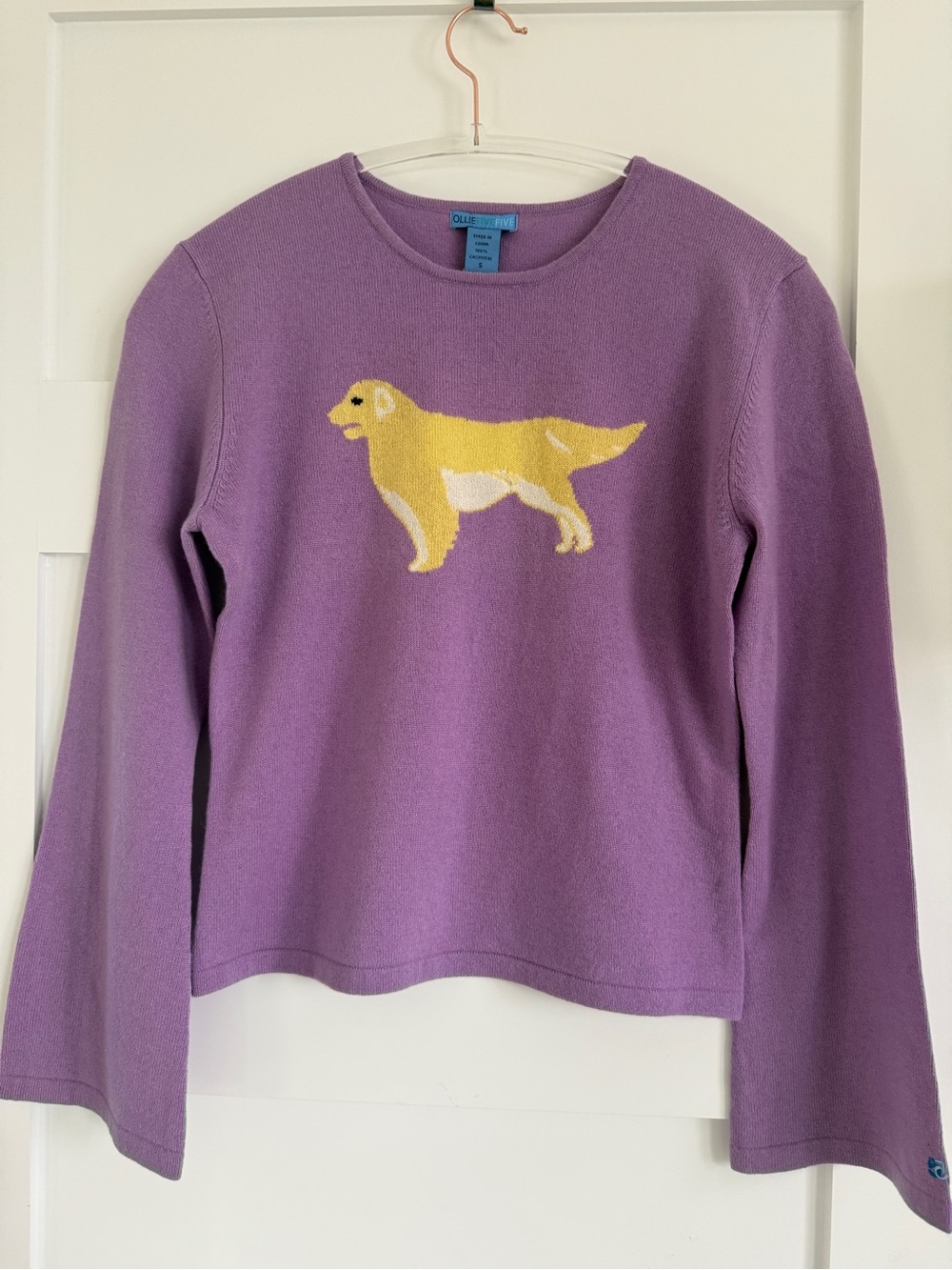 Women’s 100% Cashmere Sweater SMALL Lavender Yellow Lab Dog NWT